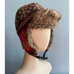 Thick Brown/Red Fleece Lined Winter Hat w/Ear Flaps sz OS (Unisex)